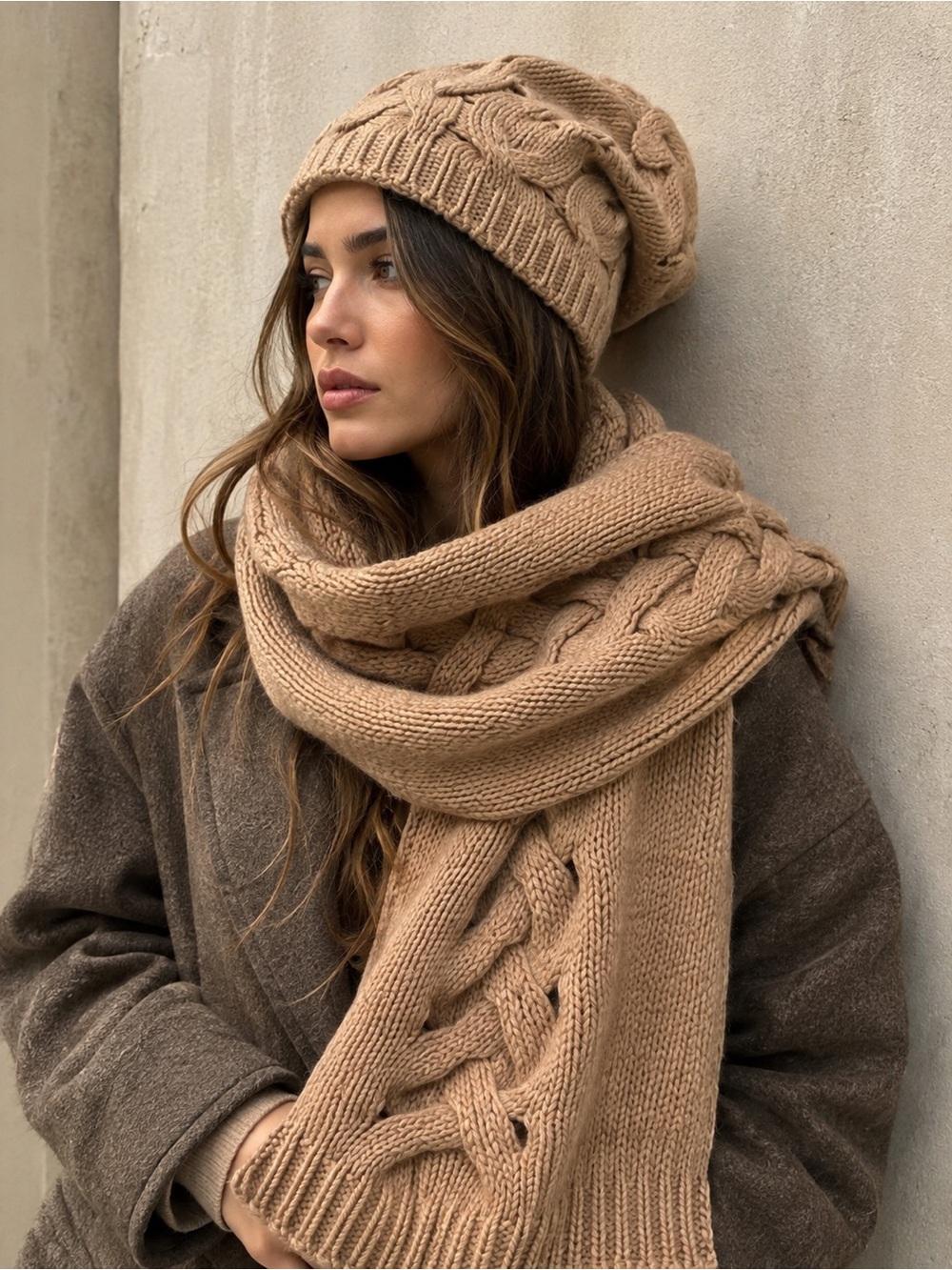 Stefanel 100% Wool Luxury Chunky Knit Scarf & Beanie Set Beige One Size